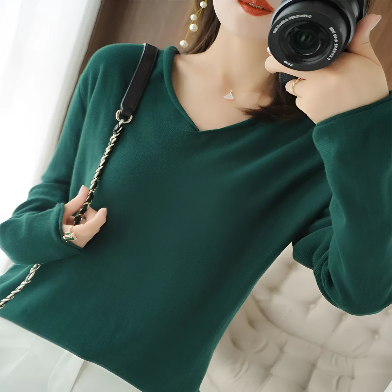 Women's V-neck long sleeve knitwear pullover top in a macaron colour, showcasing non-iron elegant style.
