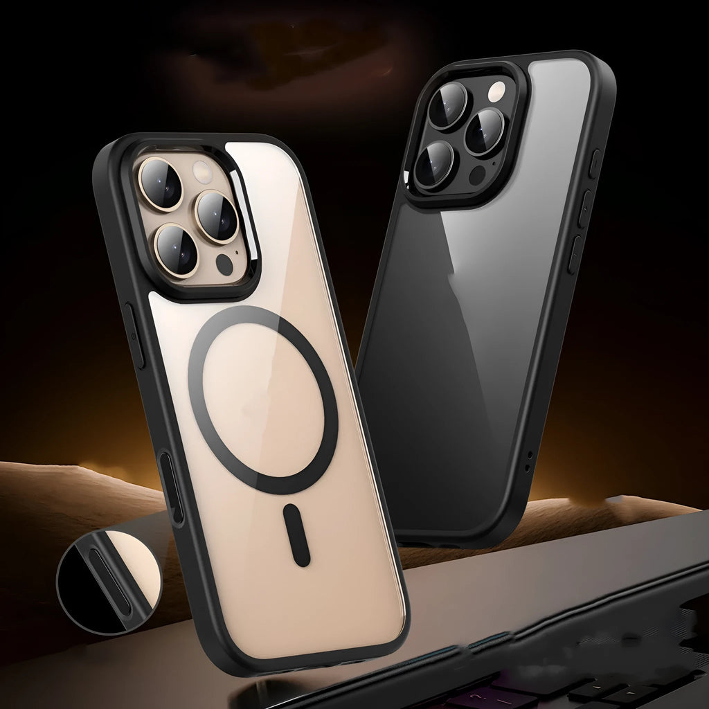 Black transparent magnetic phone case with airbag protection for iPhone 16 models