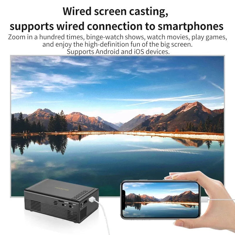 Black and white portable mini projector with wired mobile phone connection support