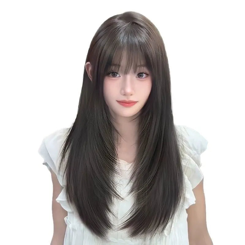 Black long straight layered synthetic hair wig with wear-free full-head hair net construction