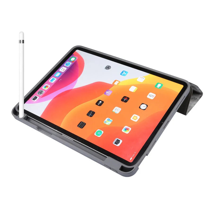 iPad leather tri-fold case in multiple colours showing pen slot and stand function