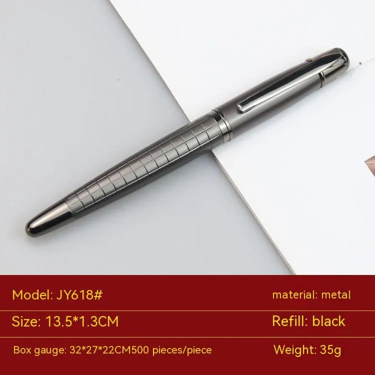 Gun grey metal rollerball pen for business signatures, shown next to a ruler indicating 13.5 cm length.