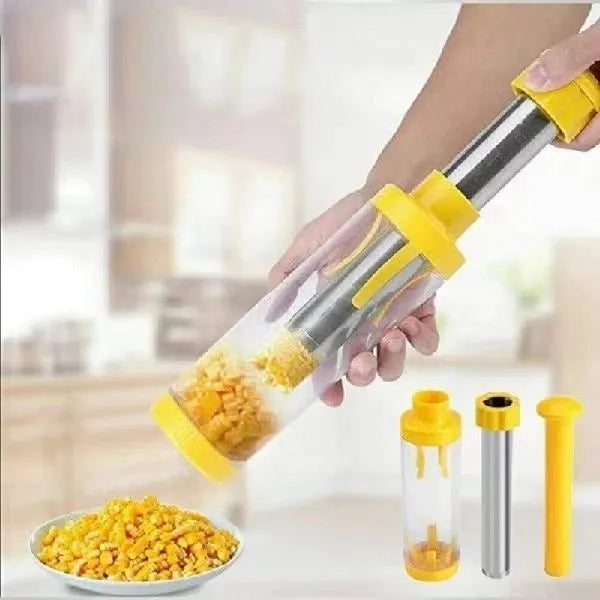 Yellow cylindrical corn stripper tool with ABS plastic and stainless steel construction