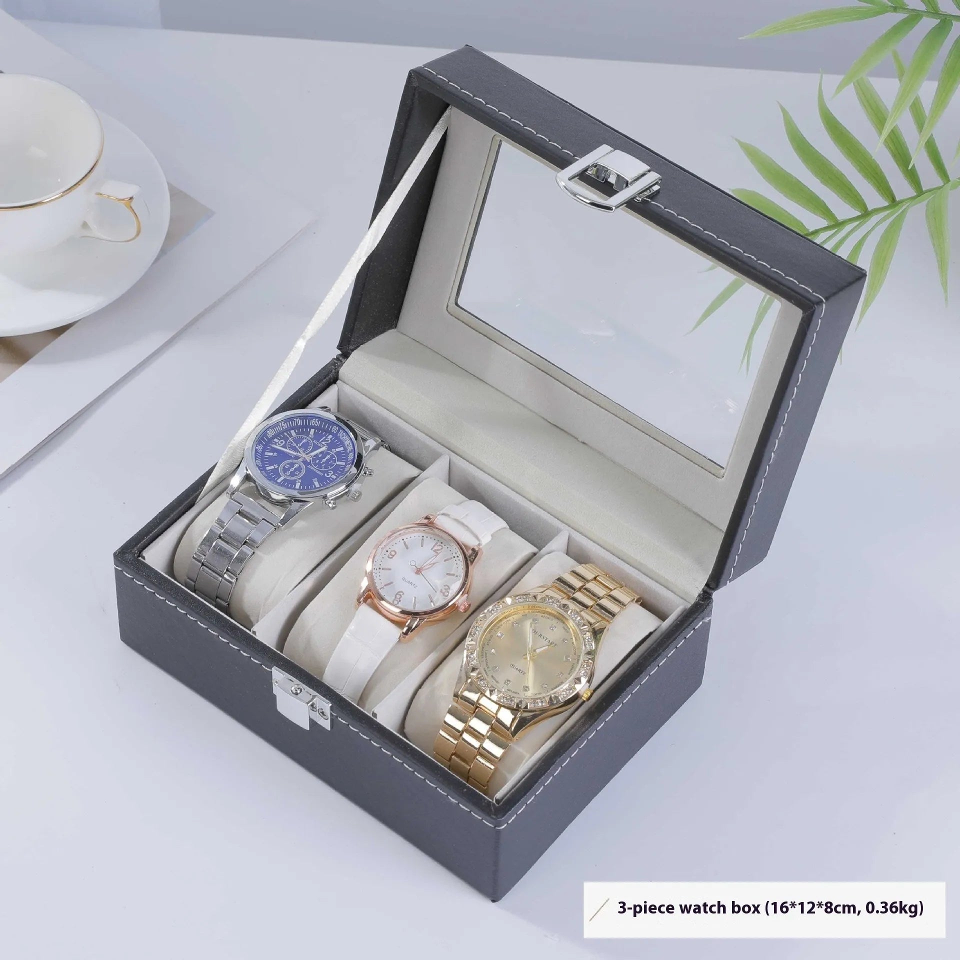 Grey high-grade leather watch storage box with a dustproof transparent lid, shown in a multi-capacity display.