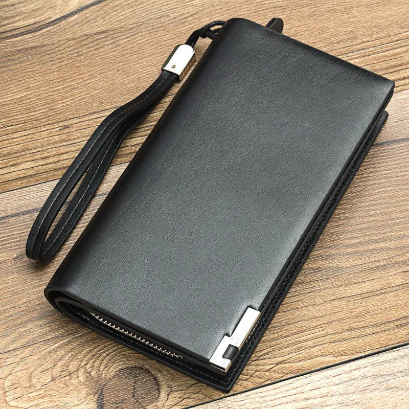 Men's black PU leather wallet with long zipper closure showing interior organisation