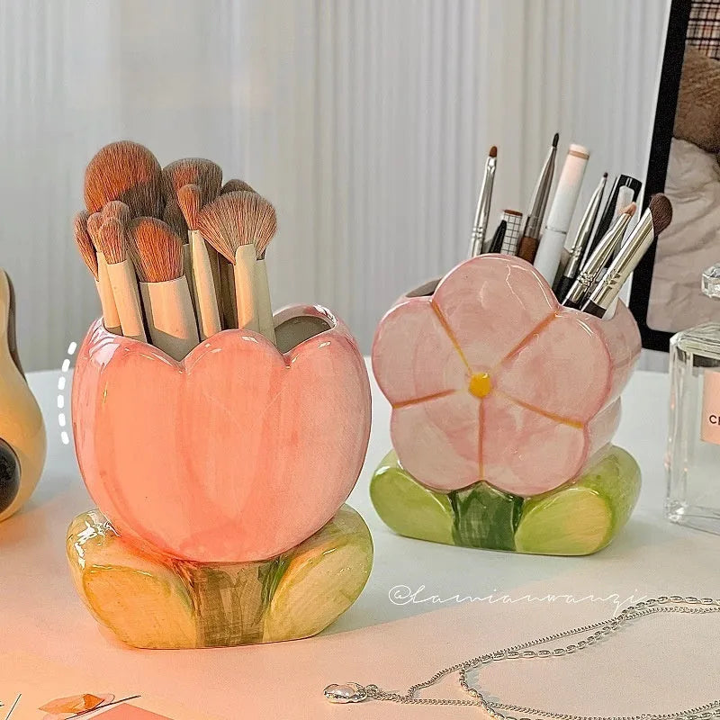 Ceramic flower pattern pen holder storage box on desk showing blue floral design