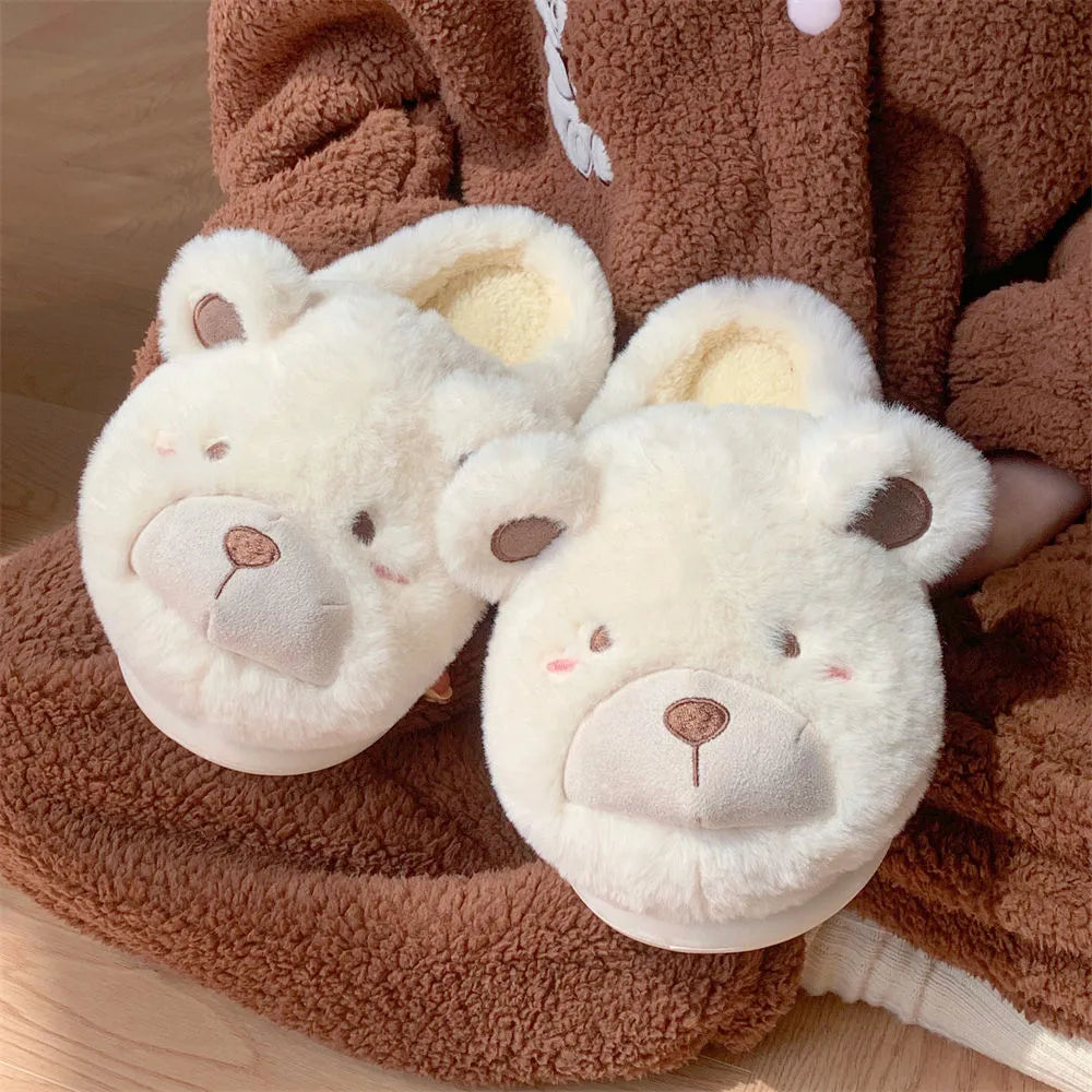 Cartoon pattern suede plush slippers for women in khaki, shown with round toe design.