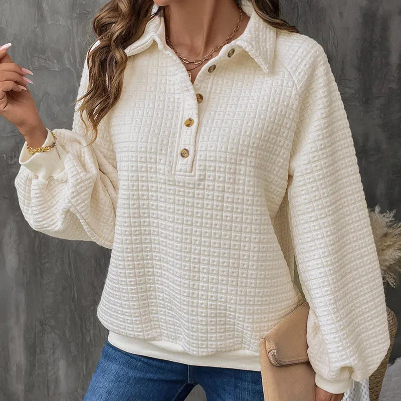 Women's thick textured polo collar sweater in milky white solid colour