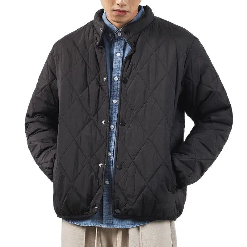 Men's black diamond lattice quilted winter jacket with a lengthened 100cm fit.