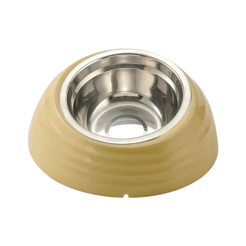 Stainless steel cat bowl on a plastic stand in light green, beige, or brown colour.