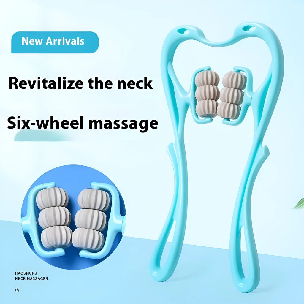 Blue plastic six-wheel neck and shoulder massager with adjustable rollers
