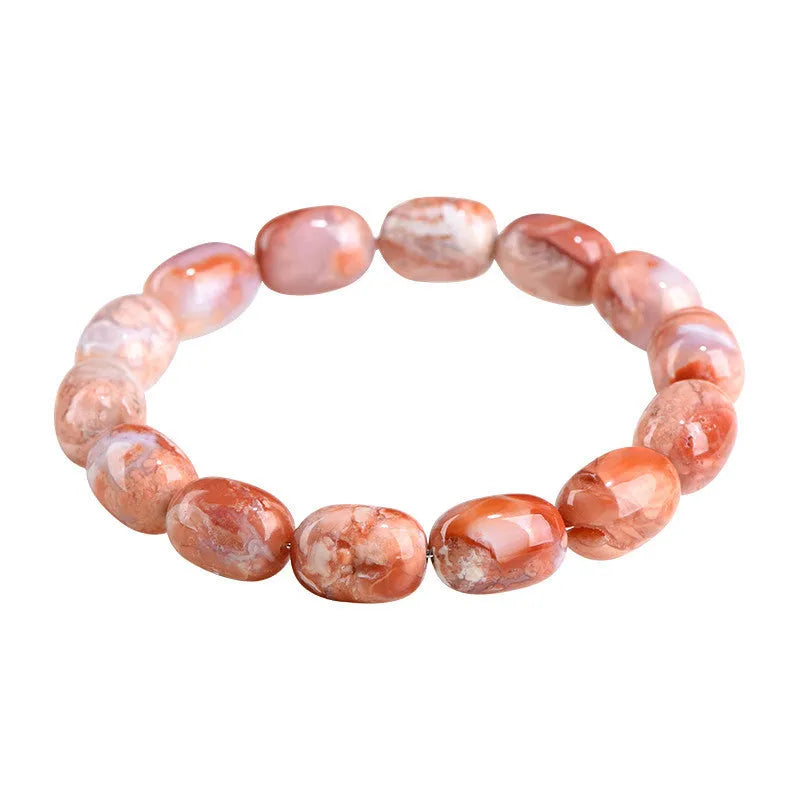 Natural cherry agate bracelet with 10x14mm barrel beads and traditional Ruyi design elements