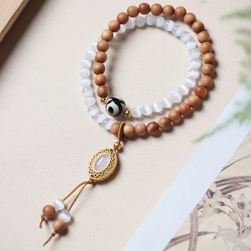 Sandalwood double ring and opal Tibetan bead bracelet with retro mixed material design