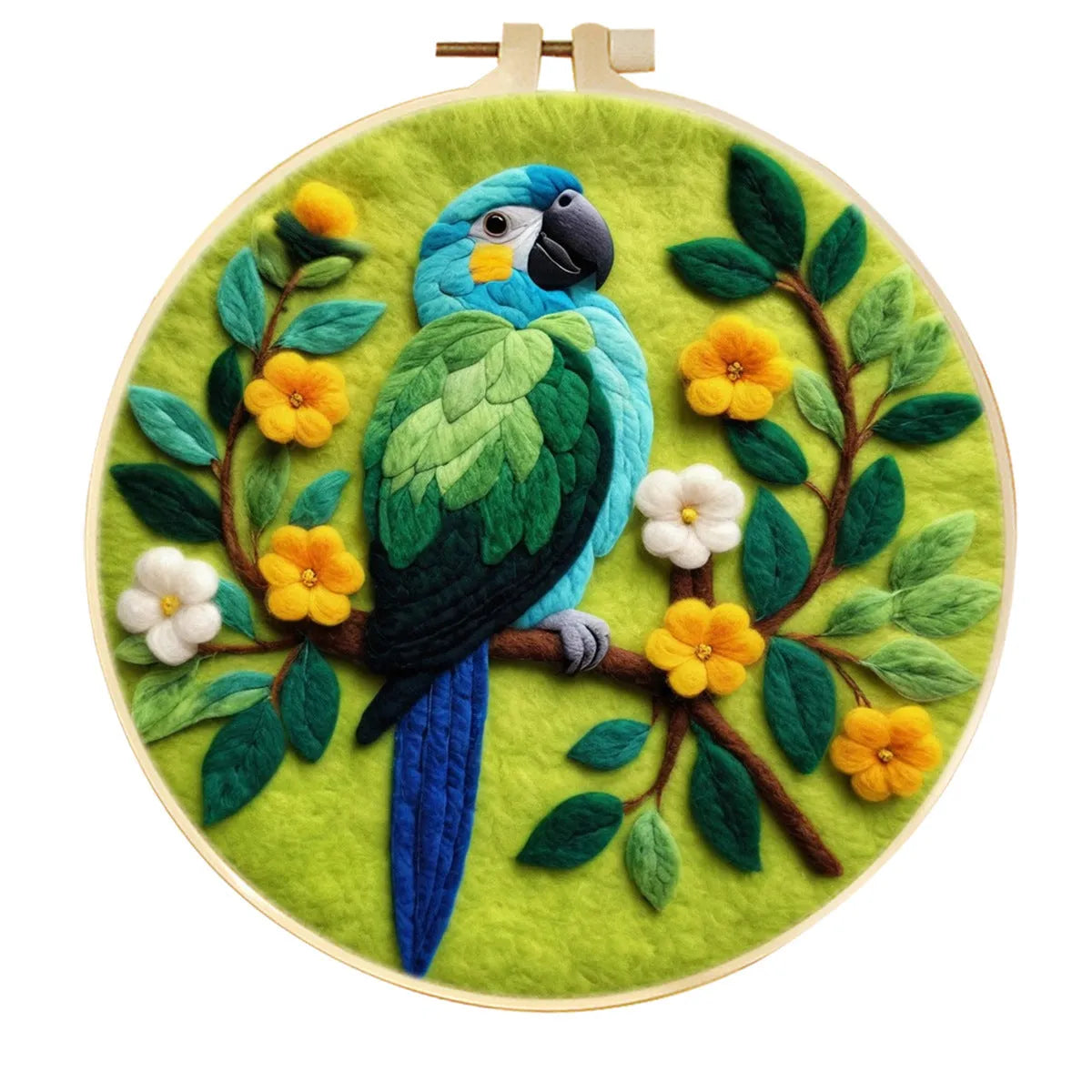 Round linen embroidery kit with wool felt pieces for 3D flowers and leaves, includes a free frame.