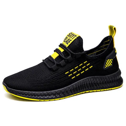 Men's black flying weave sports shoes with cross strap design and round toe