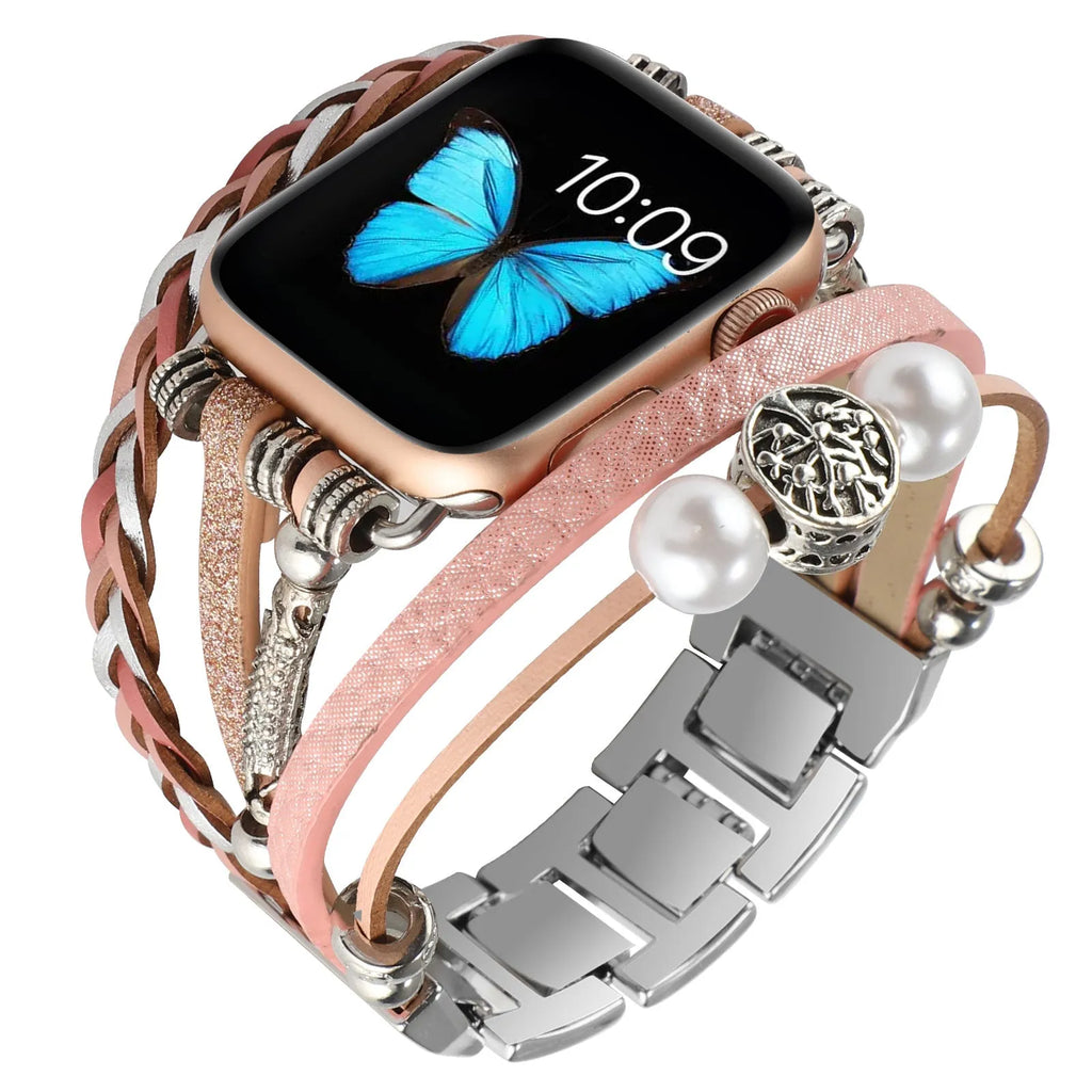 Vintage metal leather beaded smart watch strap for Apple Watch 38-45mm in Silver