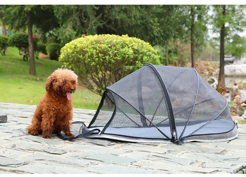 Folding cat tent with half mesh panels in portable travel design for indoor and outdoor use