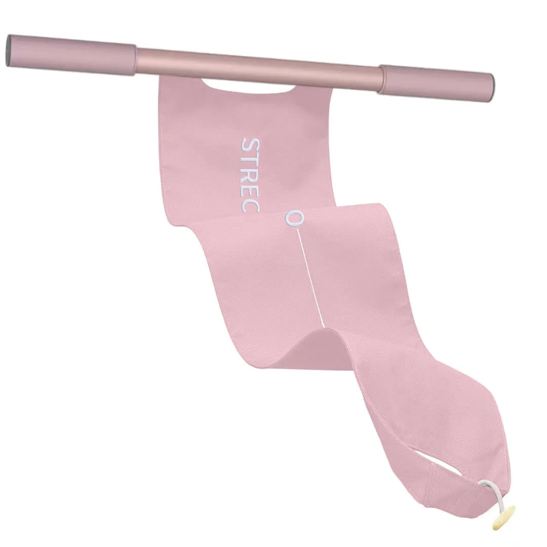 Grey and pink yoga stretching tool for shoulder and hip flexibility on a plain background.
