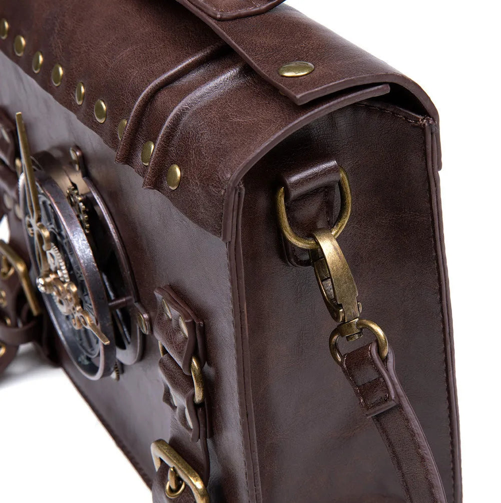 Bronze steampunk industrial retro shoulder bag with metal hardware and pillow bag shape