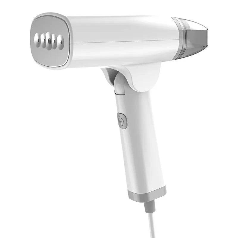 Handheld garment steamer in white or blue with mechanical controls and compact design