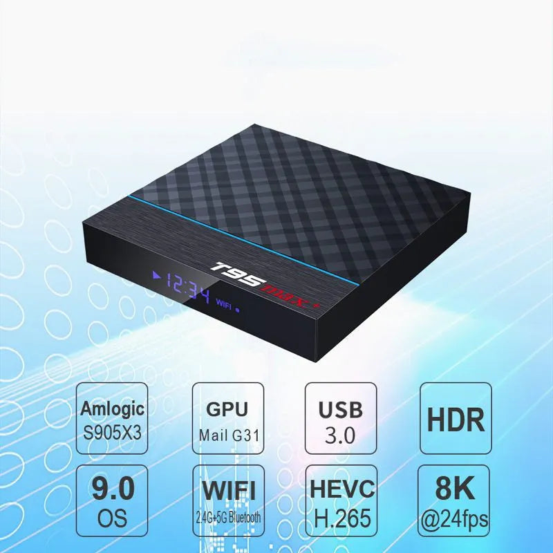 Black T95 Max Plus Android TV Box with remote control, showing choice of US, EU and UK power plugs.