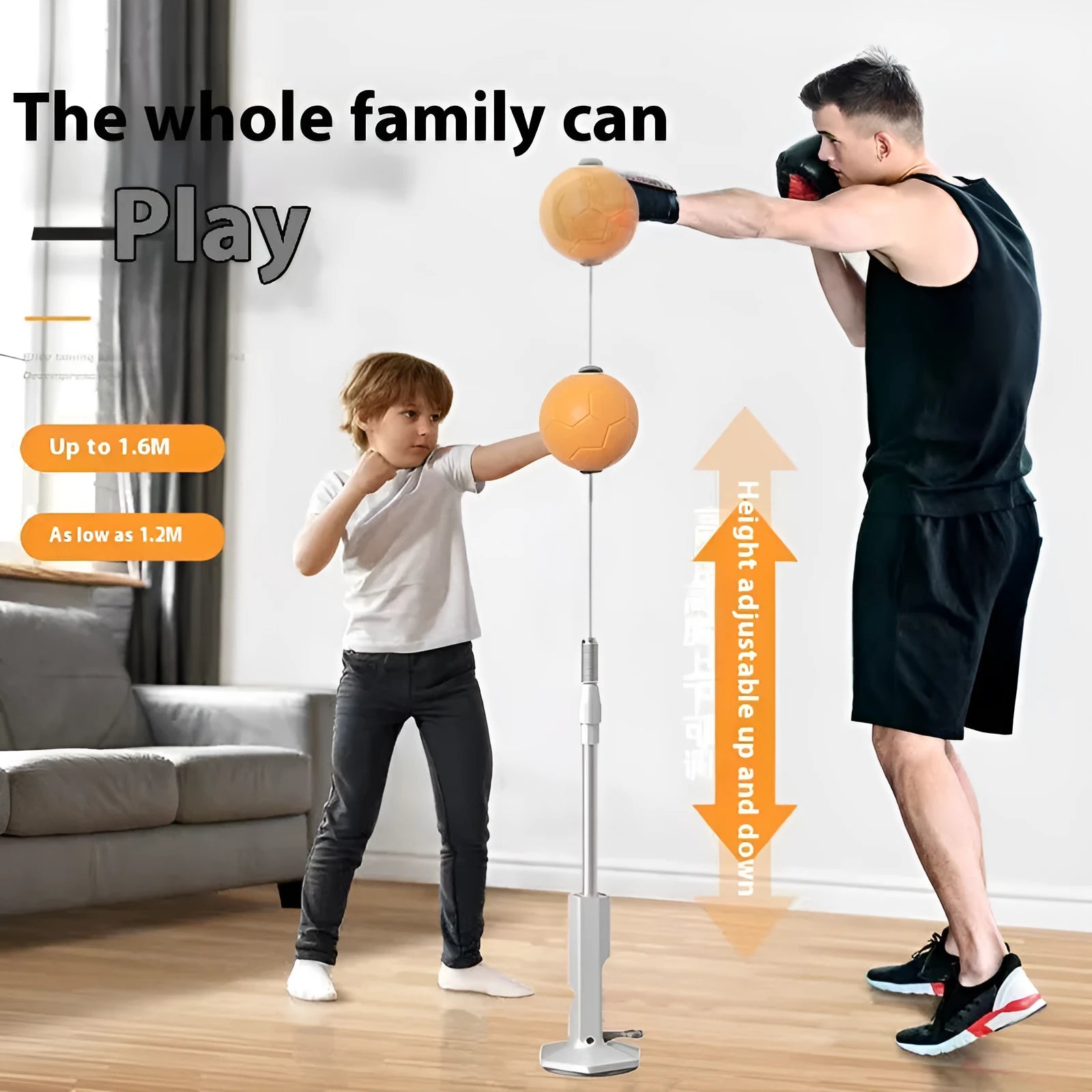Vertical boxing reaction ball set with roly-poly sandbag base and focus mitts in gray and orange colour options