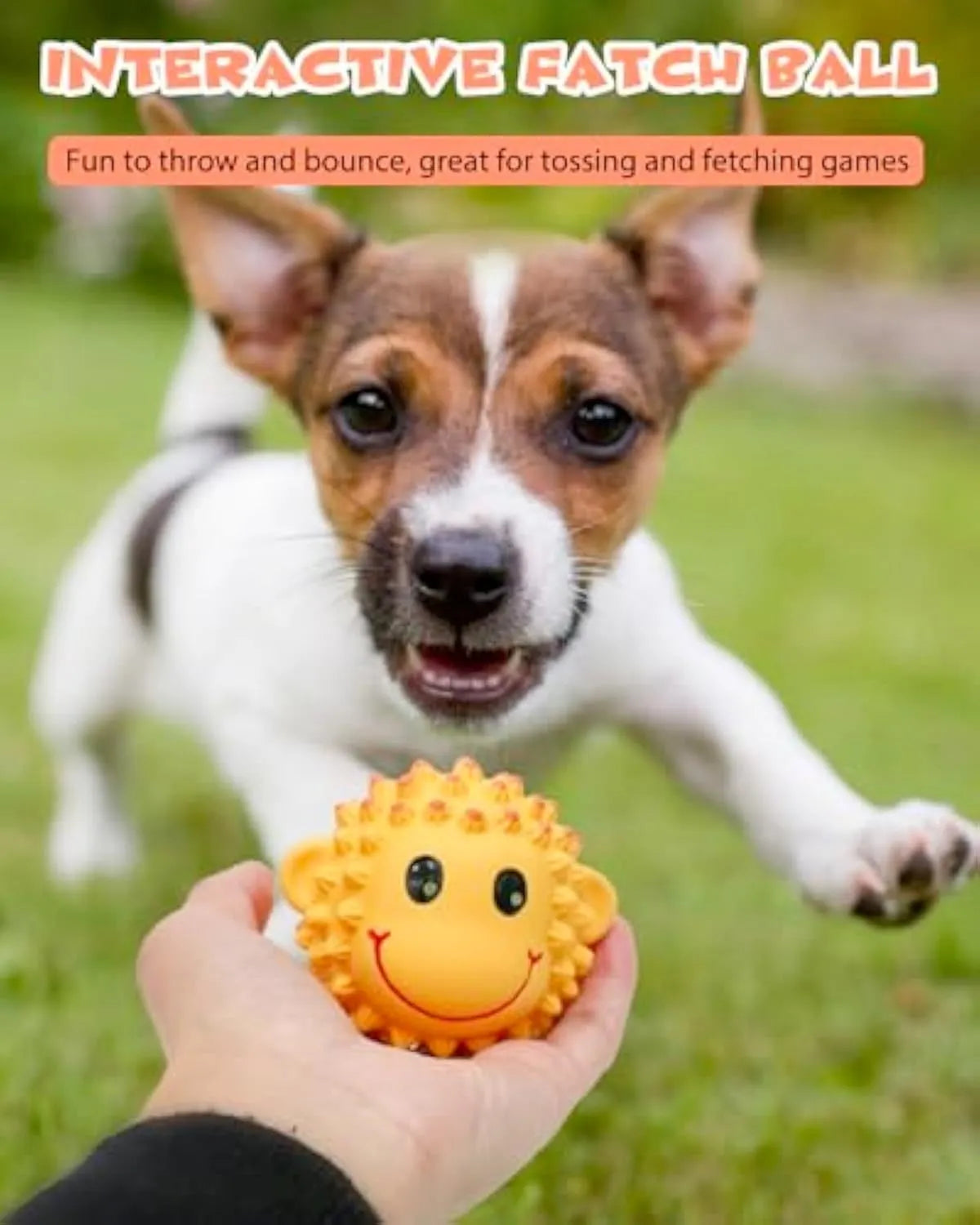 Orange and yellow spiky latex squeaky dog toy approximately 3 inches diameter