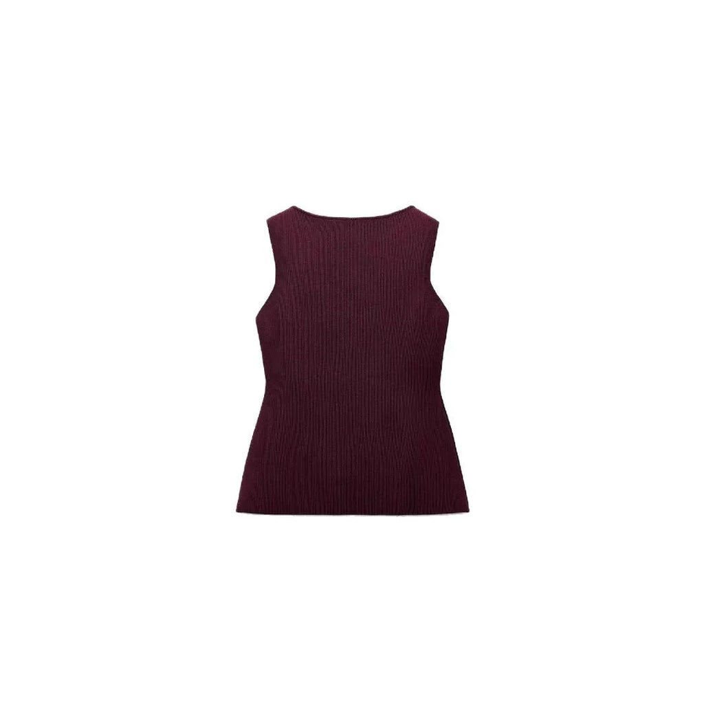 Dark red slim-fit men's sweater vest with gold buttons and a 3D textured pattern.