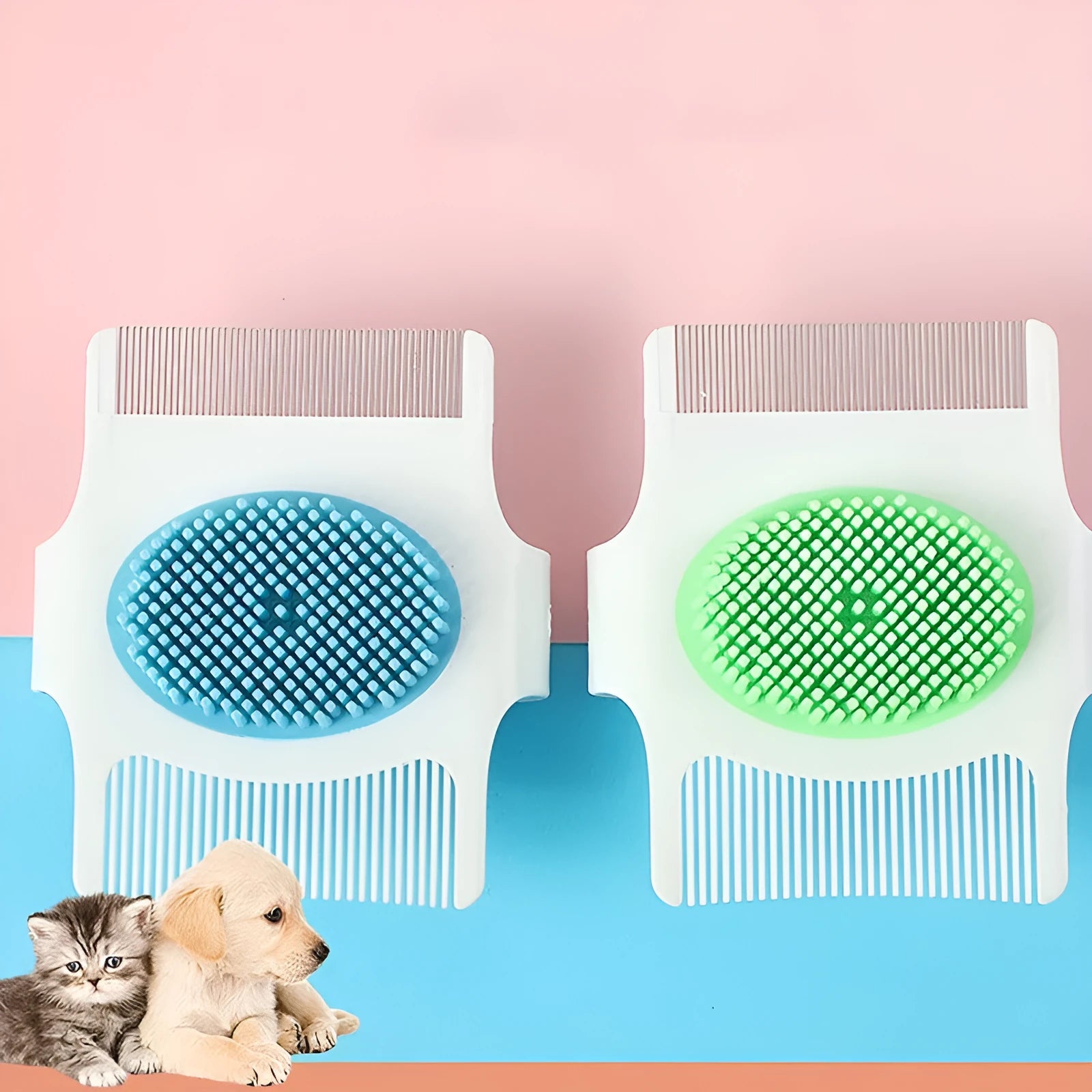 Blue multifunctional dog grooming comb with floating hair removal and massage features