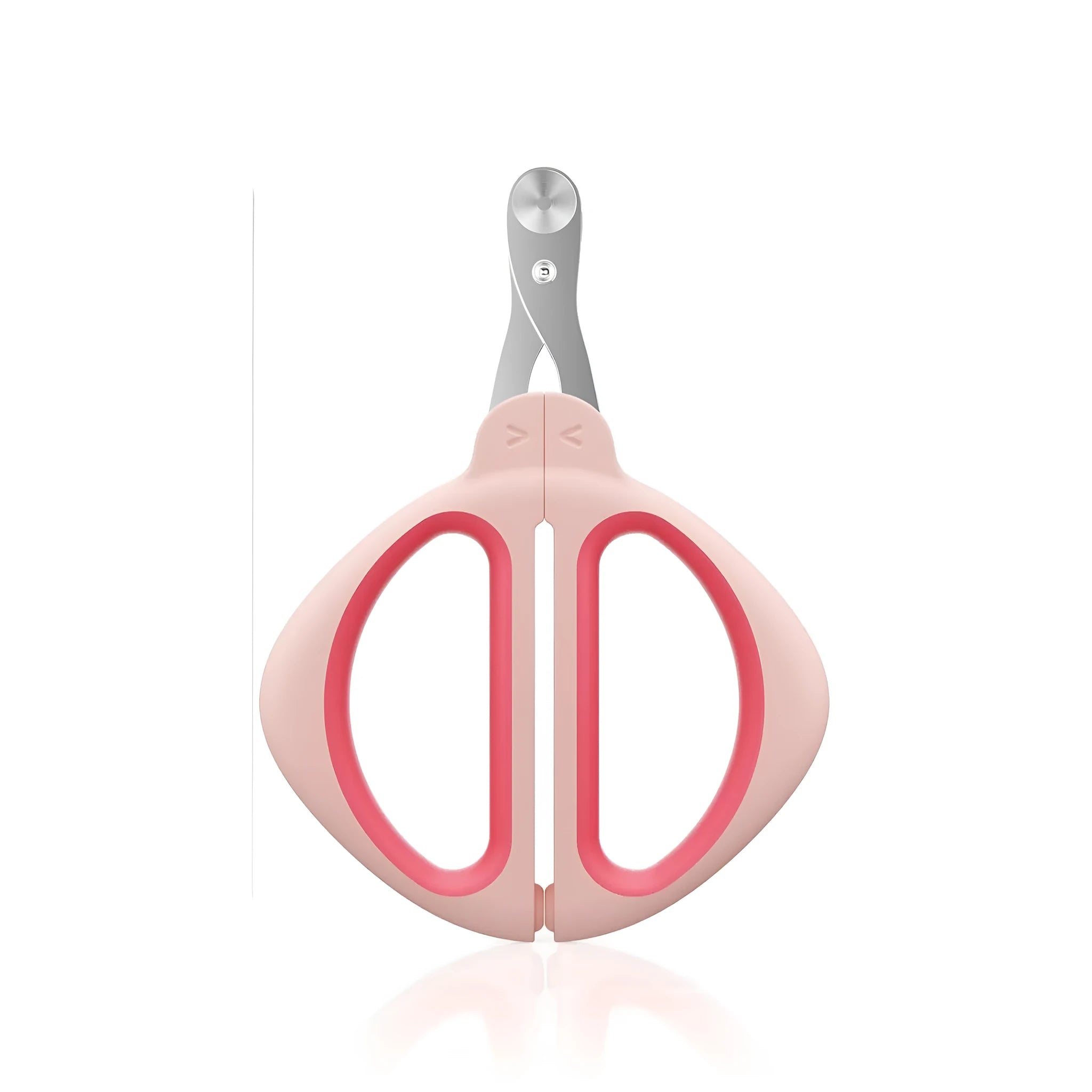 Close-up of a pink pet nail clipper showing the round positioning hole and stainless steel blade.