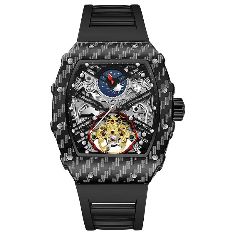 Men's mechanical luminous waterproof watch with black dial and rubber strap