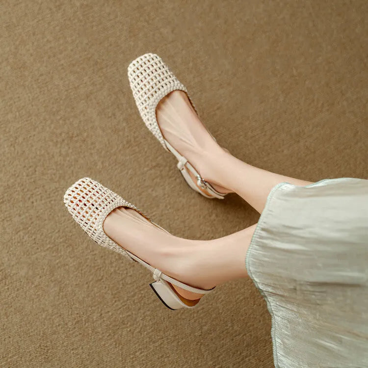 Women's black woven sandals with a chunky 4cm heel, closed square toe, and an ankle strap with a buckle.