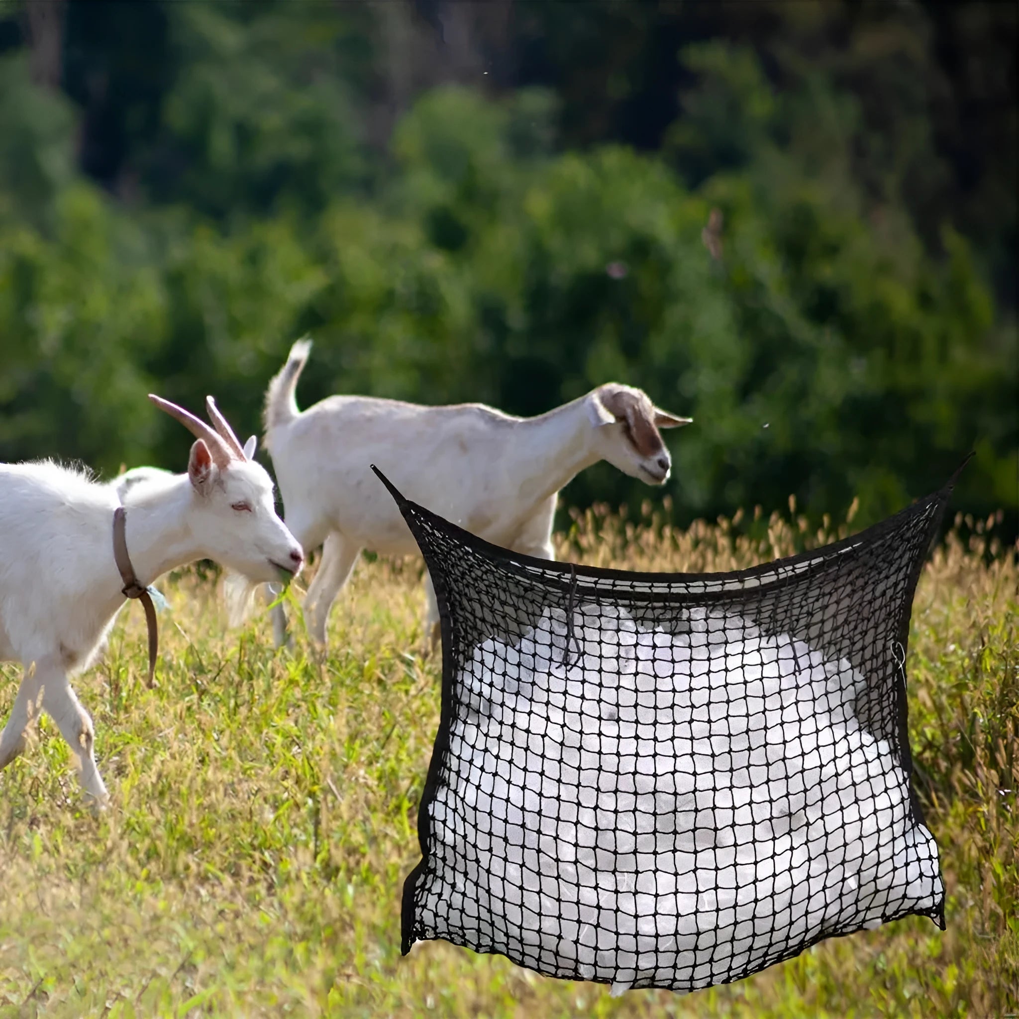 Woven black and white PE rope horse hanging feeding bag in various sizes for cattle and sheep.