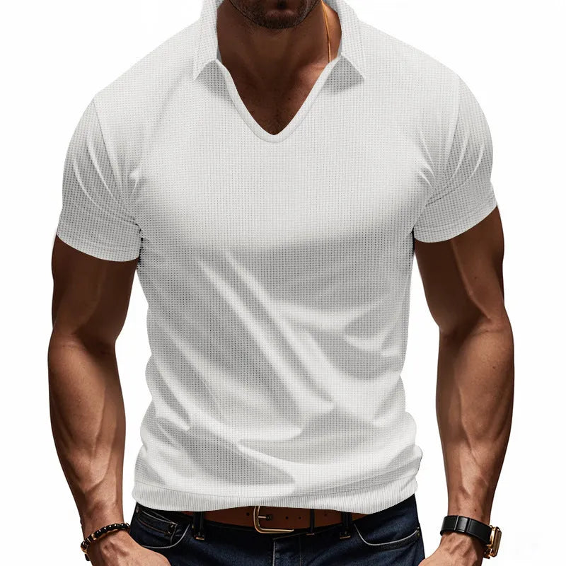 Men's V-neck short sleeve cotton blend top in loose fit with solid colour options