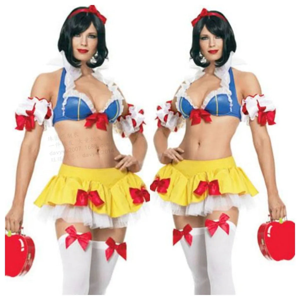 Snow White anime Halloween cosplay costume set with headwear, top, short skirt, and hand sleeves.