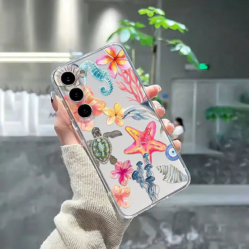 Transparent TPU phone case with hand-painted dolphin and turtle design for Apple iPhone