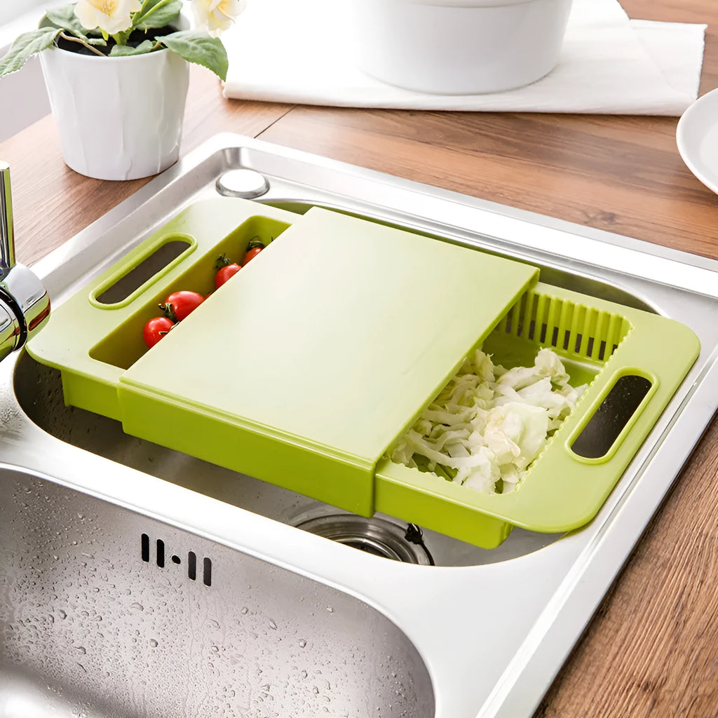 3-in-1 multi-purpose cutting board with colander and storage trough in blue, PP and TPE material, non-slip base, ergonomic handles, 36.5x25x4 cm
