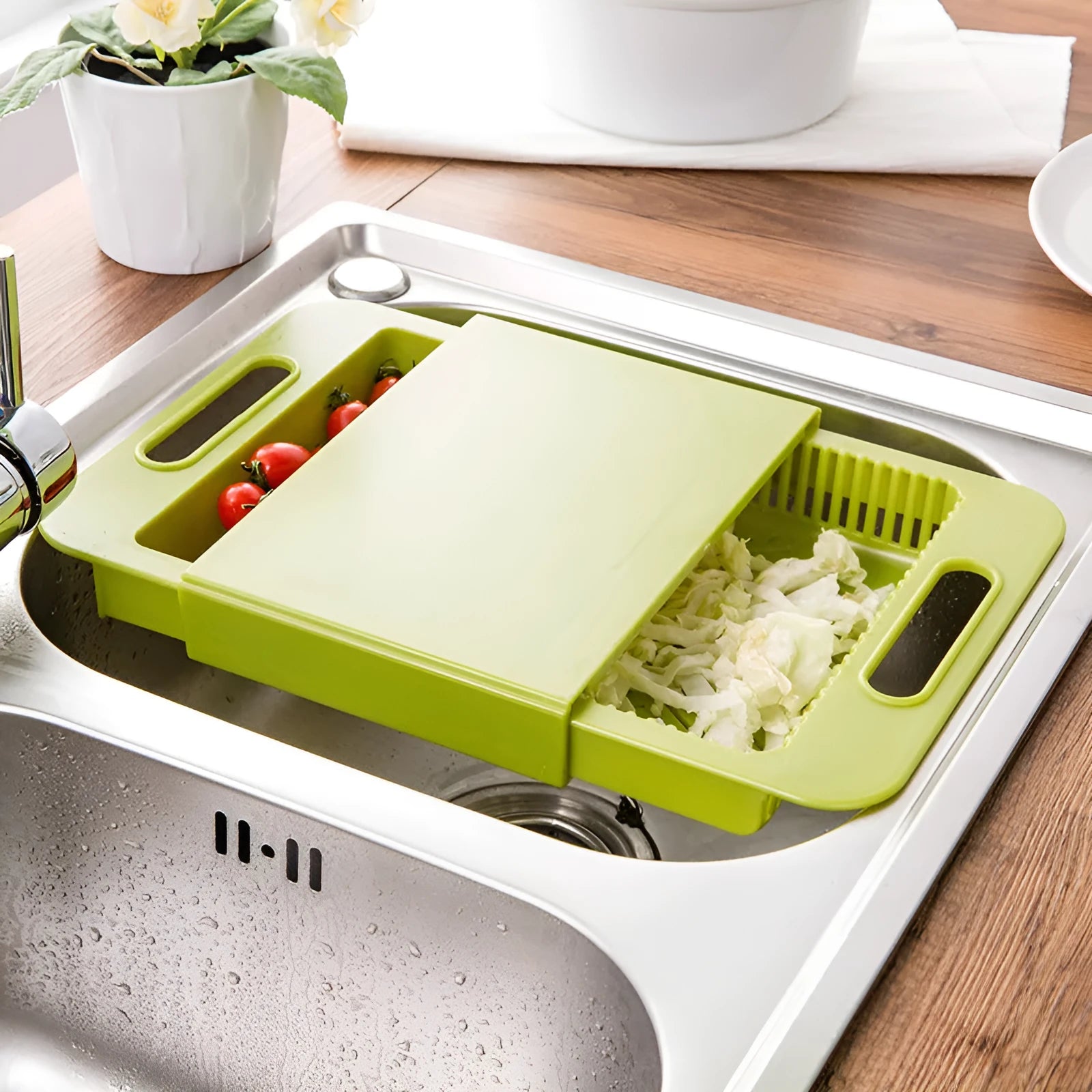 3-in-1 multi-purpose cutting board with colander and storage trough in blue, PP and TPE material, non-slip base, ergonomic handles, 36.5x25x4 cm