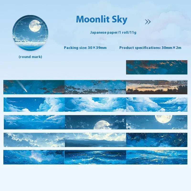 Roll of Japanese paper washi tape with sky theme patterns, showing 30mm width and 2m length.