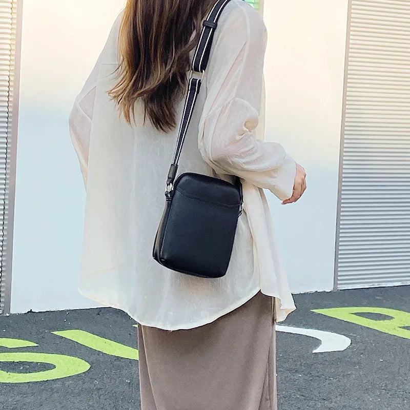 Solid colour mobile phone shoulder bag with crossbody strap in black, beige, khaki or green