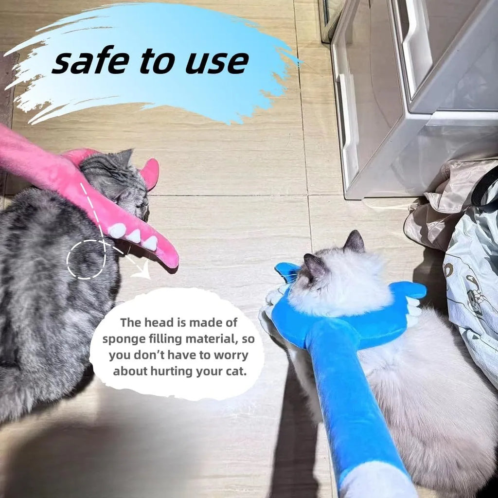Blue and pink plush cat wand toy with foam head, 70 cm long for interactive play