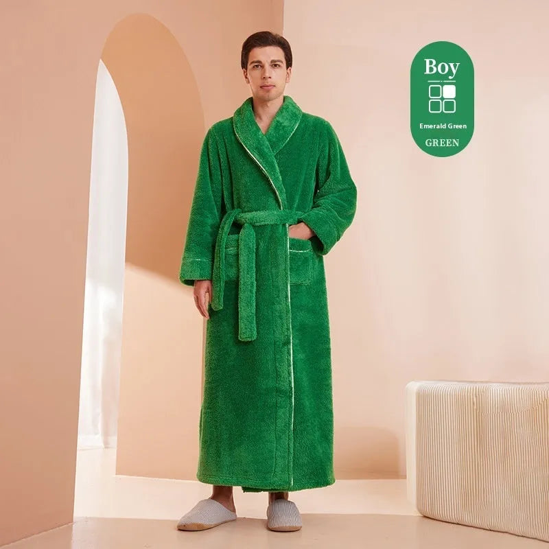 A man and woman wearing matching thickened flannel couple's bathrobes in a winter colour.