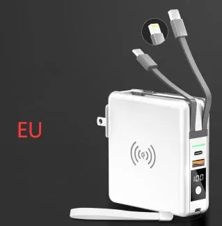 PD20W fast power bank with wireless charging and built-in plug in black or white colours