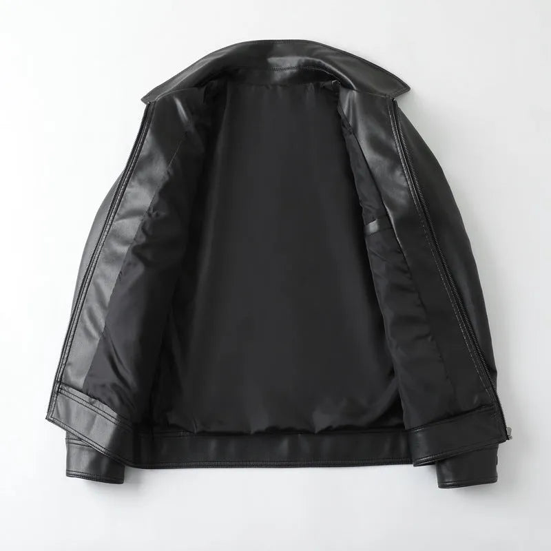 Black men's loose-fit PU leather jacket with zipper and polyester lining.