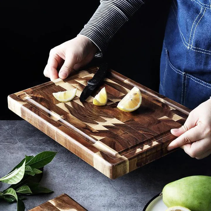 Brown solid wood cutting board with parquet construction and 3cm thickness for kitchen food preparation