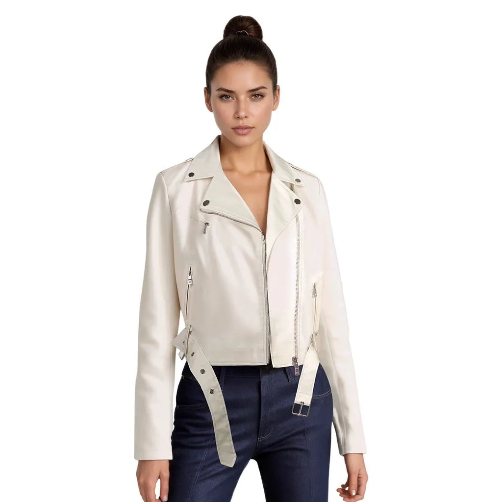 Women's black PU leather motorcycle-style jacket with a lapel short belt fastened at the waist.