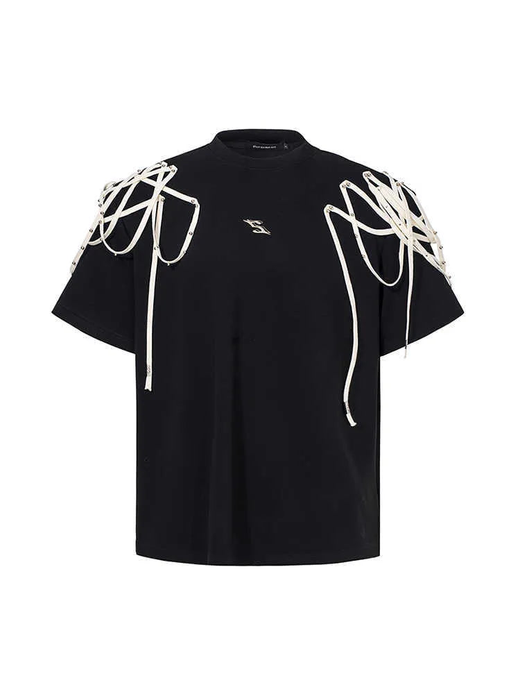 Black loose-fit T-shirt with padded shoulders featuring rivet ribbon detail, short sleeves, and round neck