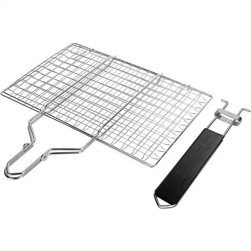 Square folding stainless steel wire barbecue grill mesh basket with a cleaning brush.