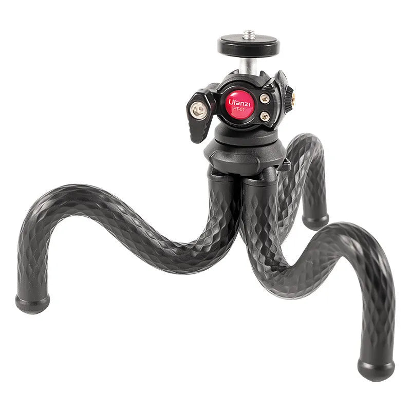 Black octopus-style mobile phone tripod with telescopic extension and attached phone clip