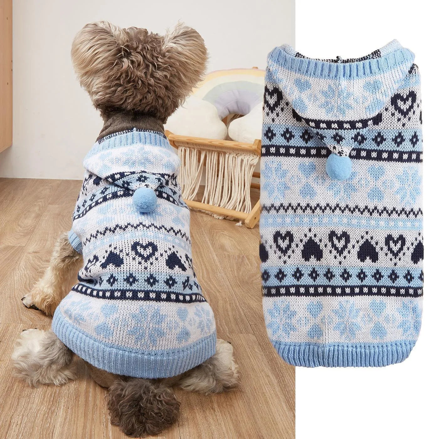 Acrylic knitted dog sweater with striped camouflage pattern and snowflake designs in pink, blue, or grey